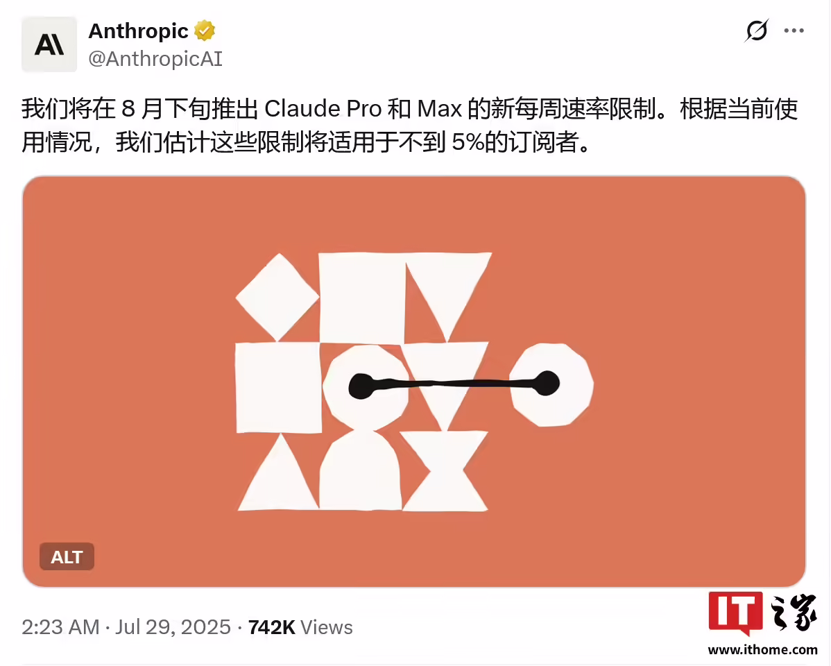 Anthropic 宣布8月28日起对Claude Pro和Max设用量上限以控成本