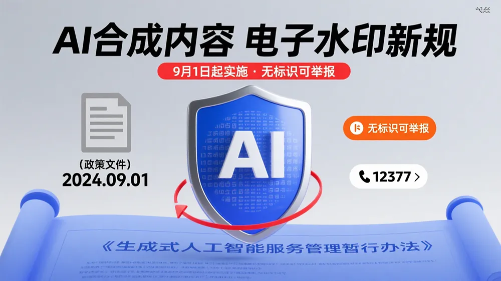 9月1日起AI合成内容须打“电子水印”,无标识内容可举报。